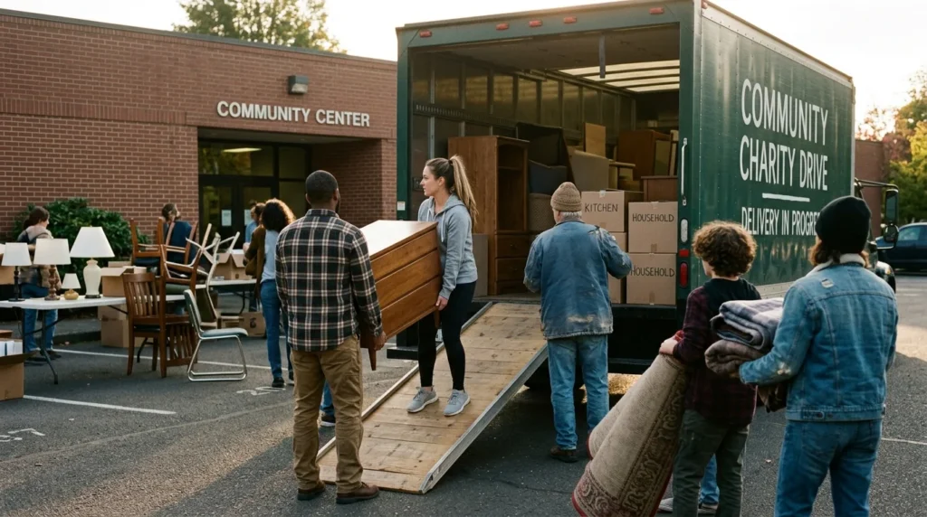 Community volunteers organizing donated furniture for a local charity program