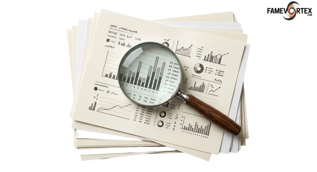 Magnifying glass over financial documents representing fact-checking and verification